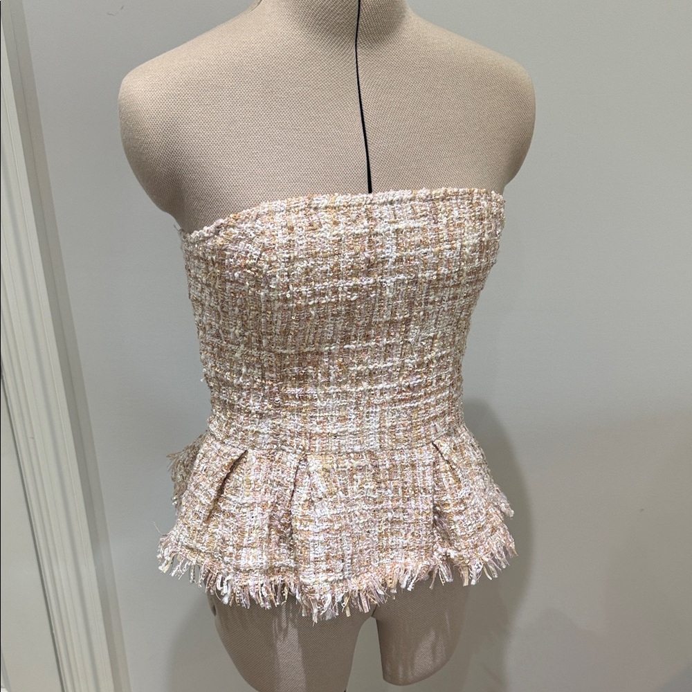 Twelve By Ontwelfth Holiday strapless gold, blush, ivory tweed peplum top Sz M